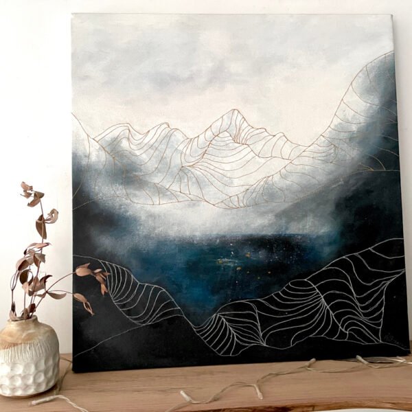 "New beginning" mountain and lake painting by Annabelle Ozanne